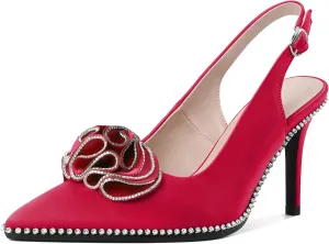 Eldof Women Slingback Heels Beaded Rhinestone Pointed Toe Flower Bow High Heel Pumps Shoes 3.5 Inches