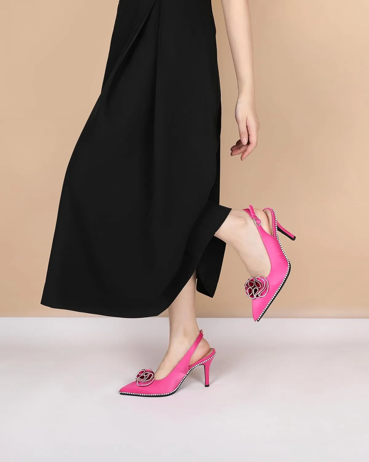 Eldof Women Slingback Heels Beaded Rhinestone Pointed Toe Flower Bow High Heel Pumps Shoes 3.5 Inches