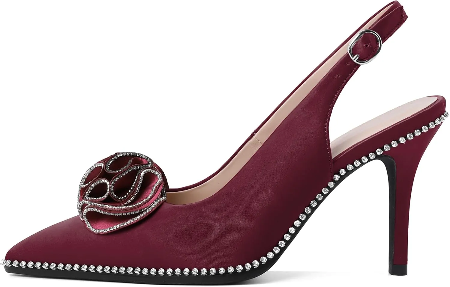 Eldof Women Slingback Heels Beaded Rhinestone Pointed Toe Flower Bow High Heel Pumps Shoes 3.5 Inches
