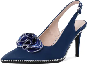 Eldof Women Slingback Heels Beaded Rhinestone Pointed Toe Flower Bow High Heel Pumps Shoes 3.5 Inches