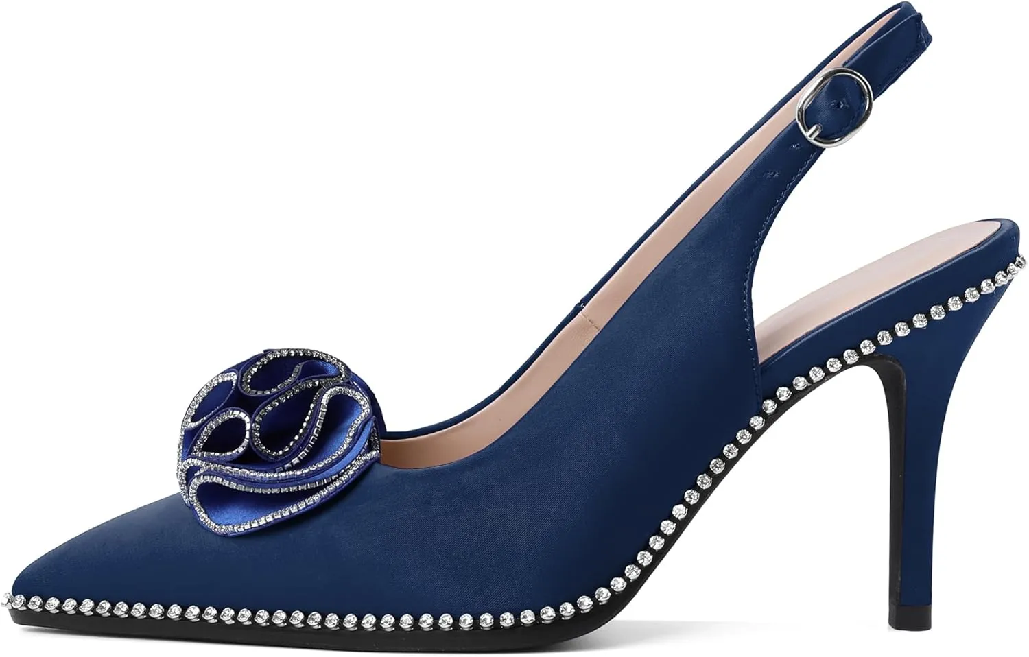 Eldof Women Slingback Heels Beaded Rhinestone Pointed Toe Flower Bow High Heel Pumps Shoes 3.5 Inches