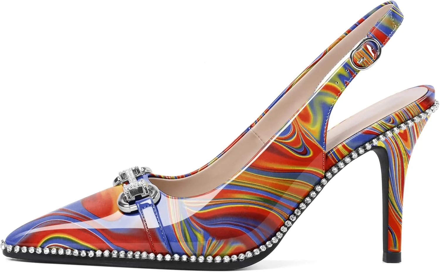 Eldof Women Slingbacks High Heel Pumps Closed Pointed Toe Beaded Rhinestone Slip On Stilettos Dress Pumps Shoes 3.5 Inches
