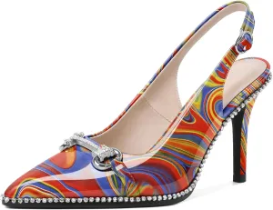 Eldof Women Slingbacks High Heel Pumps Closed Pointed Toe Beaded Rhinestone Slip On Stilettos Dress Pumps Shoes 3.5 Inches