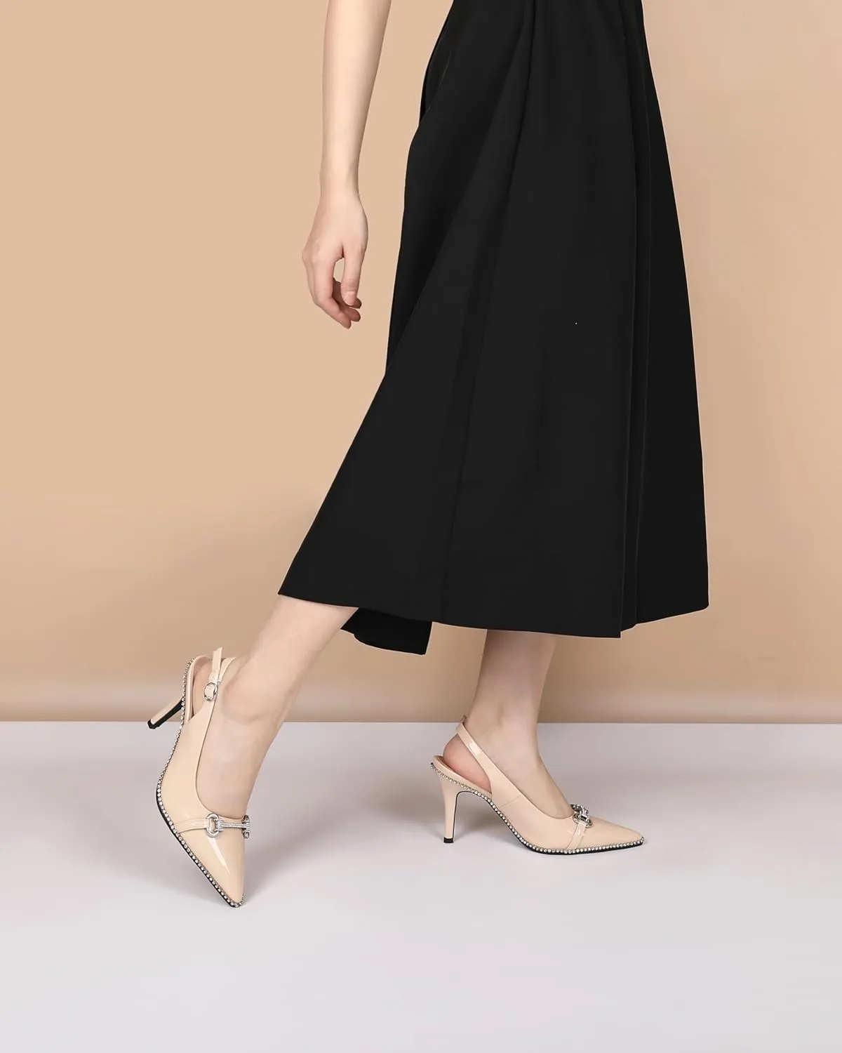 Eldof Women Slingbacks High Heel Pumps Closed Pointed Toe Beaded Rhinestone Slip On Stilettos Dress Pumps Shoes 3.5 Inches