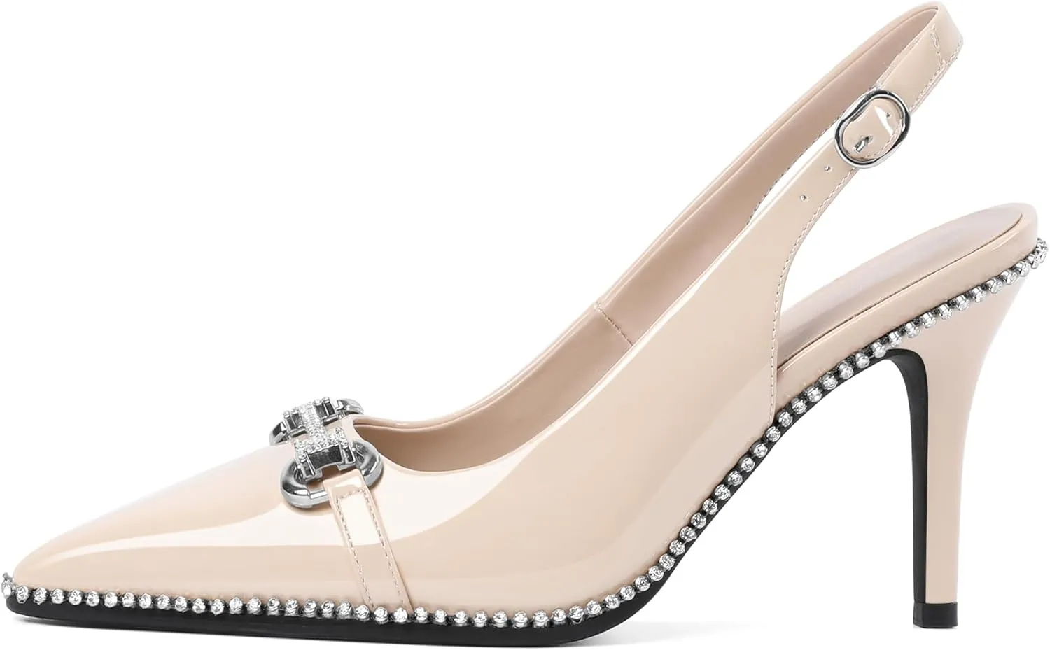 Eldof Women Slingbacks High Heel Pumps Closed Pointed Toe Beaded Rhinestone Slip On Stilettos Dress Pumps Shoes 3.5 Inches