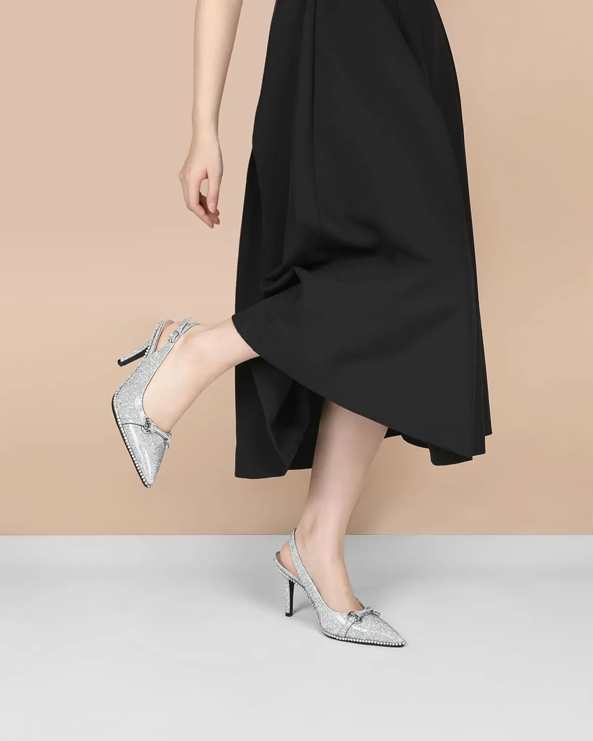 Eldof Women Slingbacks High Heel Pumps Closed Pointed Toe Beaded Rhinestone Slip On Stilettos Dress Pumps Shoes 3.5 Inches