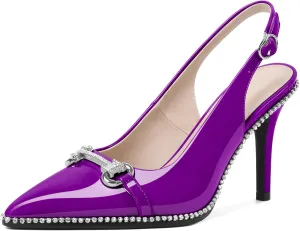 Eldof Women Slingbacks High Heel Pumps Closed Pointed Toe Beaded Rhinestone Slip On Stilettos Dress Pumps Shoes 3.5 Inches