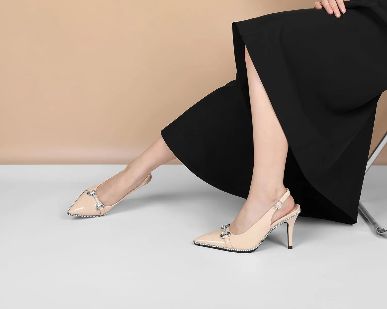 Eldof Women Slingbacks High Heel Pumps Closed Pointed Toe Beaded Rhinestone Slip On Stilettos Dress Pumps Shoes 3.5 Inches