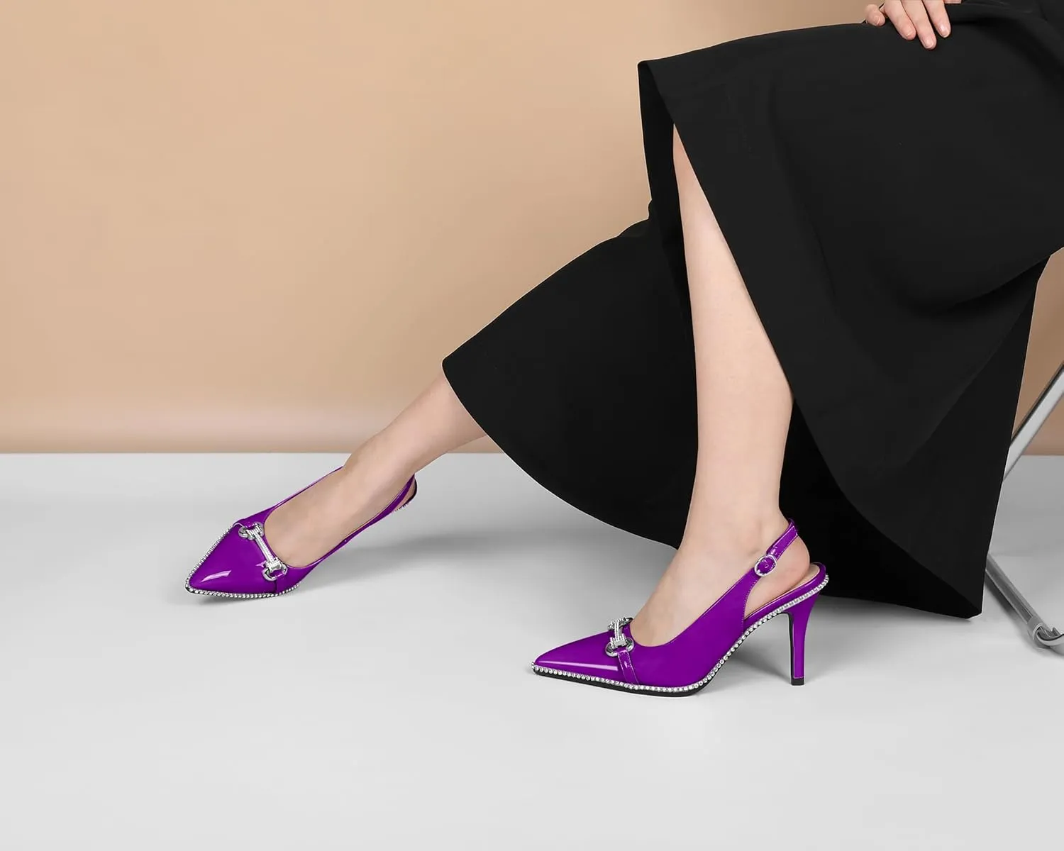 Eldof Women Slingbacks High Heel Pumps Closed Pointed Toe Beaded Rhinestone Slip On Stilettos Dress Pumps Shoes 3.5 Inches