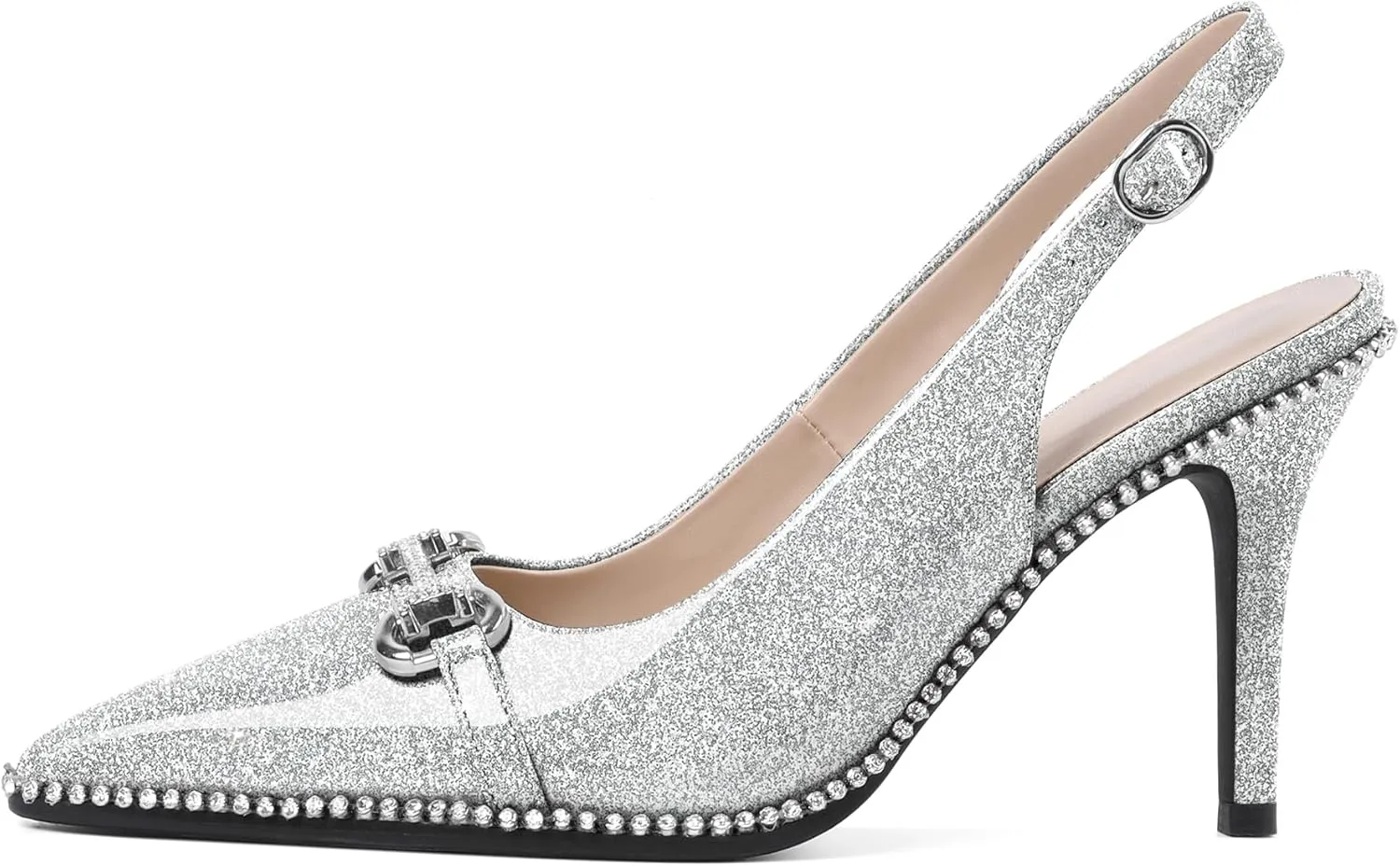 Eldof Women Slingbacks High Heel Pumps Closed Pointed Toe Beaded Rhinestone Slip On Stilettos Dress Pumps Shoes 3.5 Inches