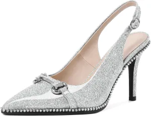 Eldof Women Slingbacks High Heel Pumps Closed Pointed Toe Beaded Rhinestone Slip On Stilettos Dress Pumps Shoes 3.5 Inches