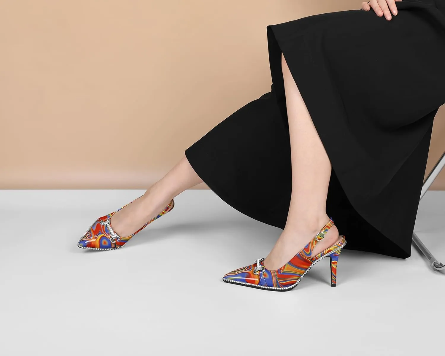 Eldof Women Slingbacks High Heel Pumps Closed Pointed Toe Beaded Rhinestone Slip On Stilettos Dress Pumps Shoes 3.5 Inches