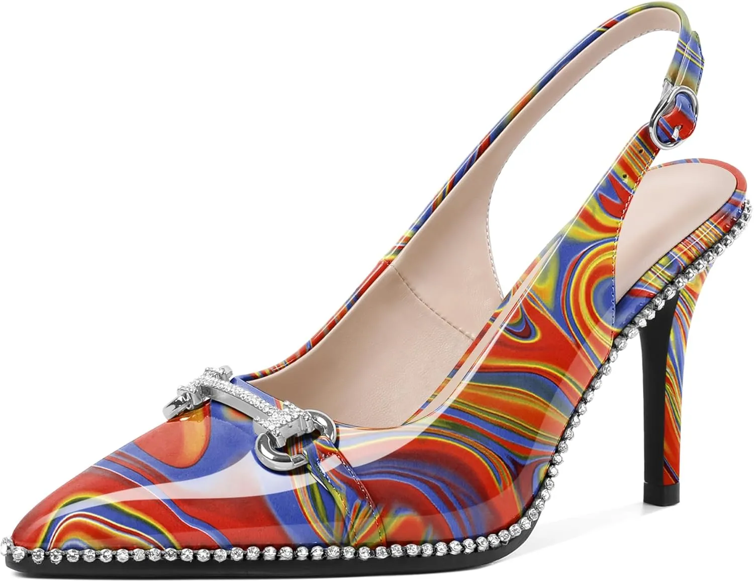 Eldof Women Slingbacks High Heel Pumps Closed Pointed Toe Beaded Rhinestone Slip On Stilettos Dress Pumps Shoes 3.5 Inches