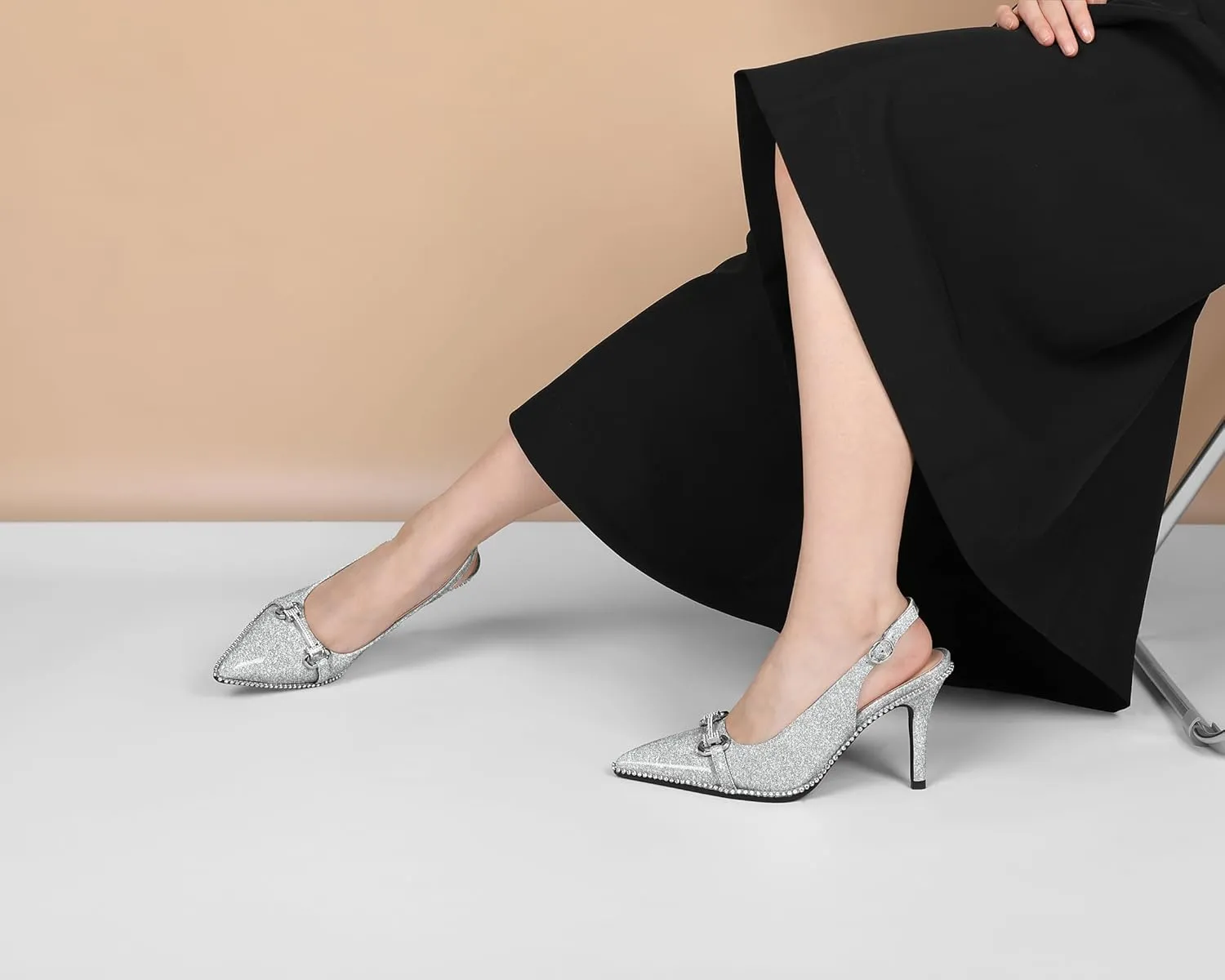 Eldof Women Slingbacks High Heel Pumps Closed Pointed Toe Beaded Rhinestone Slip On Stilettos Dress Pumps Shoes 3.5 Inches