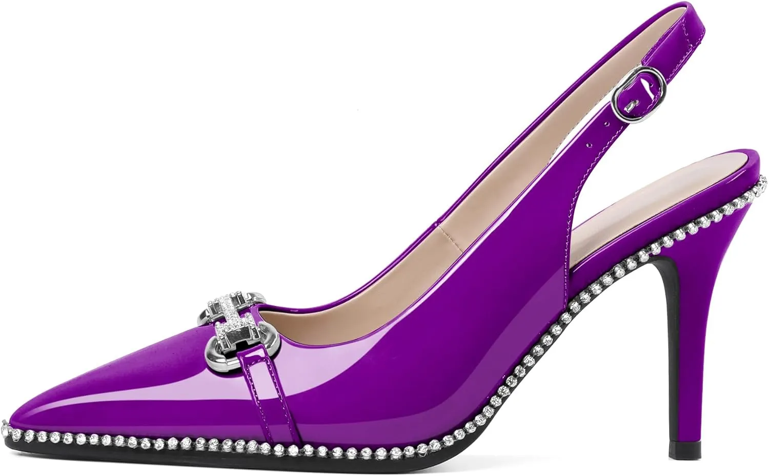 Eldof Women Slingbacks High Heel Pumps Closed Pointed Toe Beaded Rhinestone Slip On Stilettos Dress Pumps Shoes 3.5 Inches