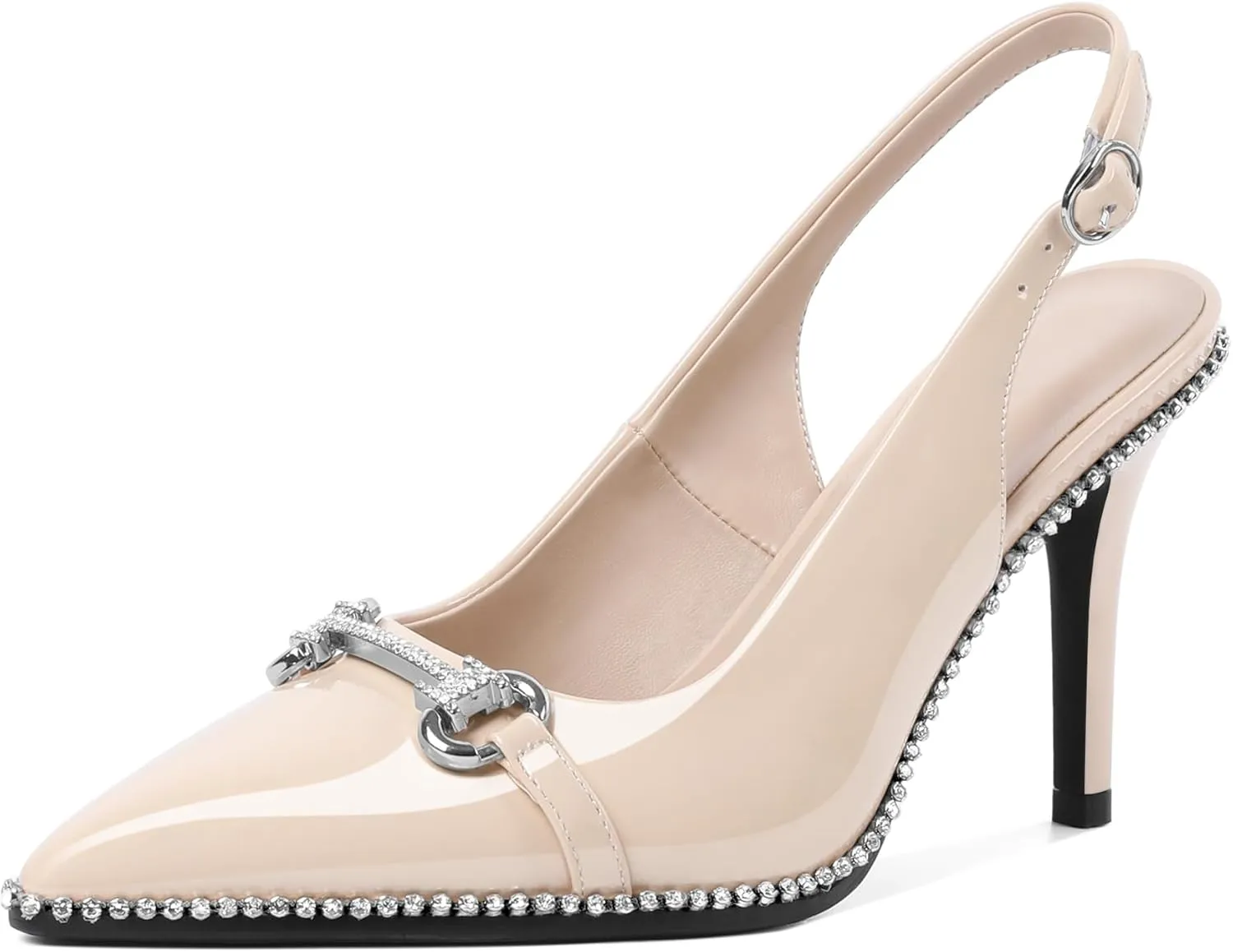 Eldof Women Slingbacks High Heel Pumps Closed Pointed Toe Beaded Rhinestone Slip On Stilettos Dress Pumps Shoes 3.5 Inches