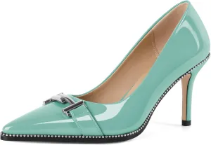 Eldof Women's High Heel Pumps Pointed Toe Slip On Metallic Buckle Stiletto Heels Studed Beaded Pumps Shoes Women 3.5 Inches