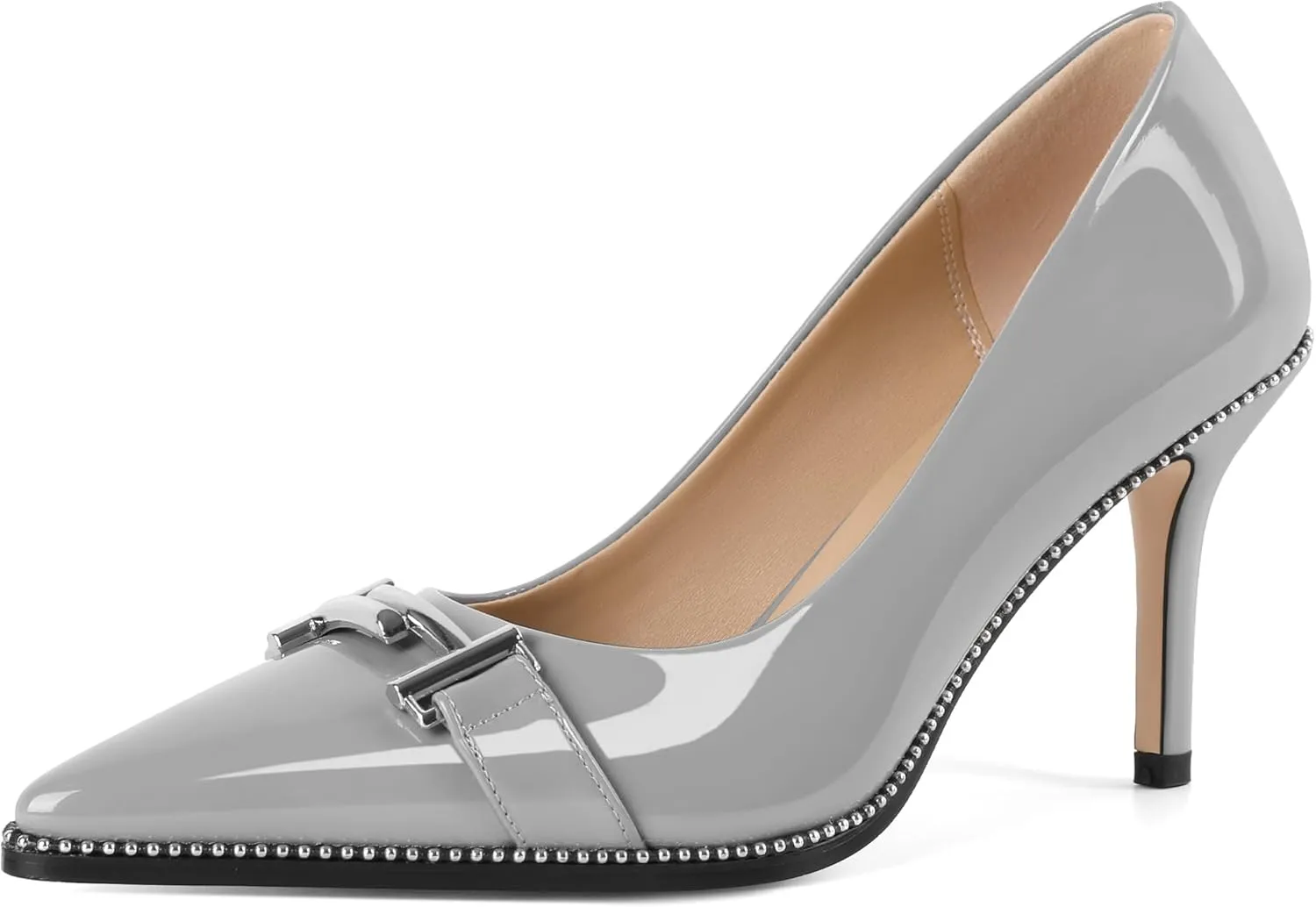 Eldof Women's High Heel Pumps Pointed Toe Slip On Metallic Buckle Stiletto Heels Studed Beaded Pumps Shoes Women 3.5 Inches