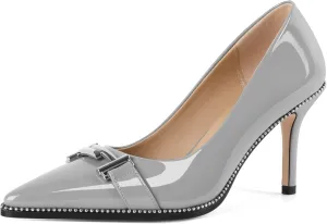 Eldof Women's High Heel Pumps Pointed Toe Slip On Metallic Buckle Stiletto Heels Studed Beaded Pumps Shoes Women 3.5 Inches