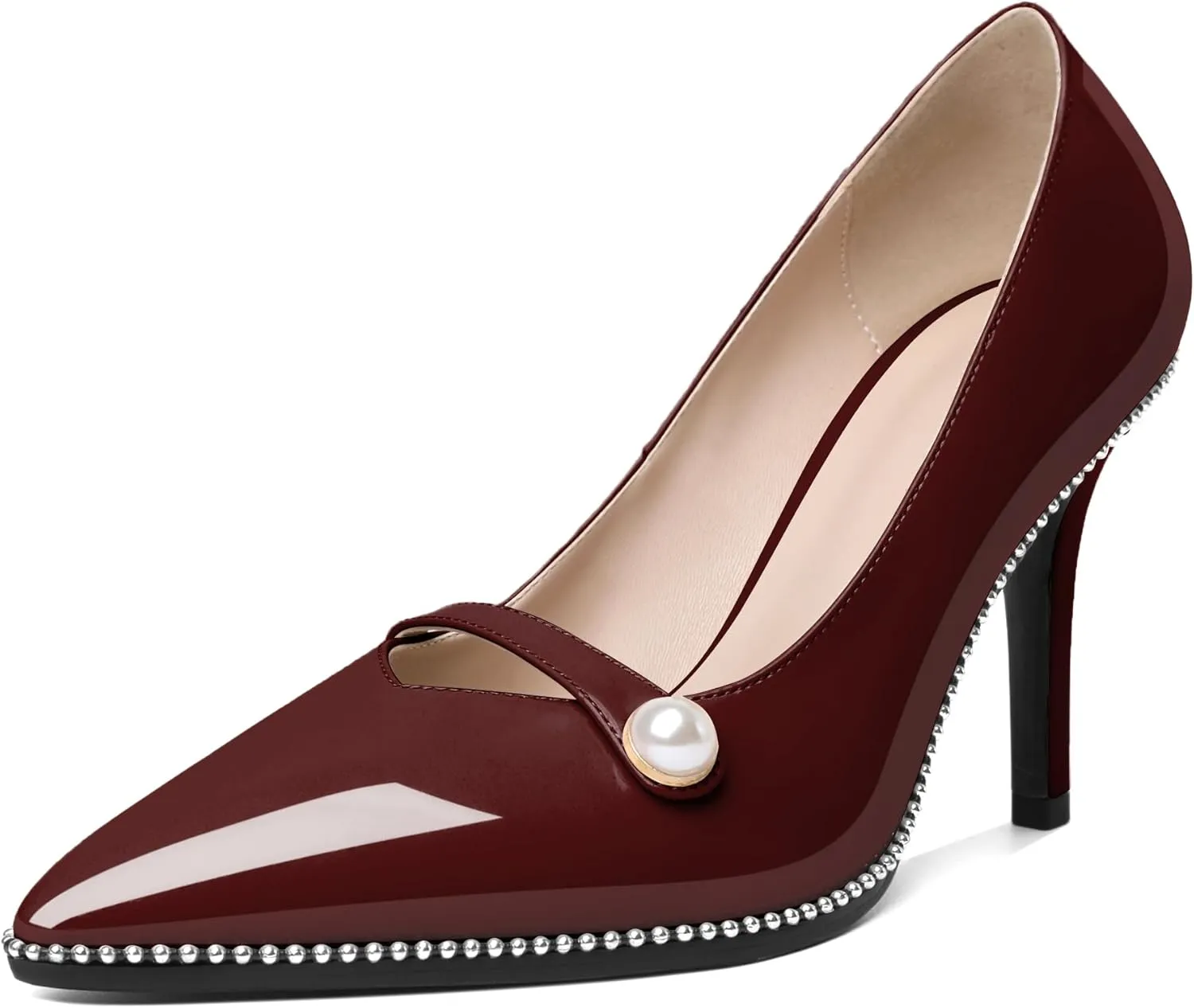 Eldof Women's High Heel Pumps Pointed Toe Slip On Pearl Strap Stiletto Heels Beaded Pumps Shoes Women Dress Sexy Heels 3.5 Inches