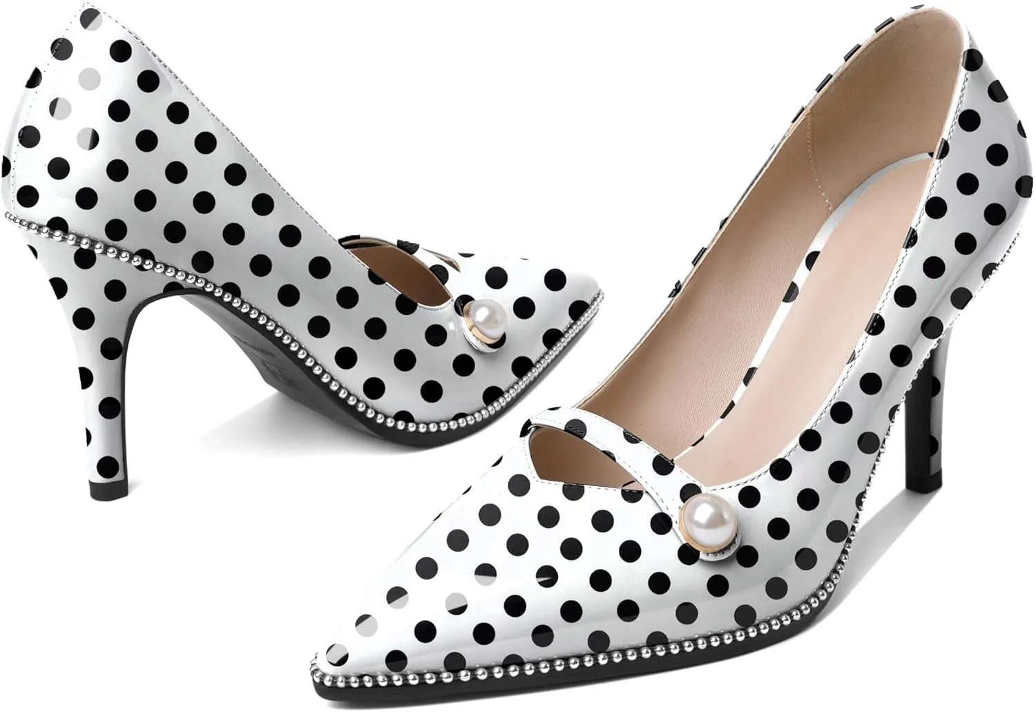 Eldof Women's High Heel Pumps Pointed Toe Slip On Pearl Strap Stiletto Heels Beaded Pumps Shoes Women Dress Sexy Heels 3.5 Inches