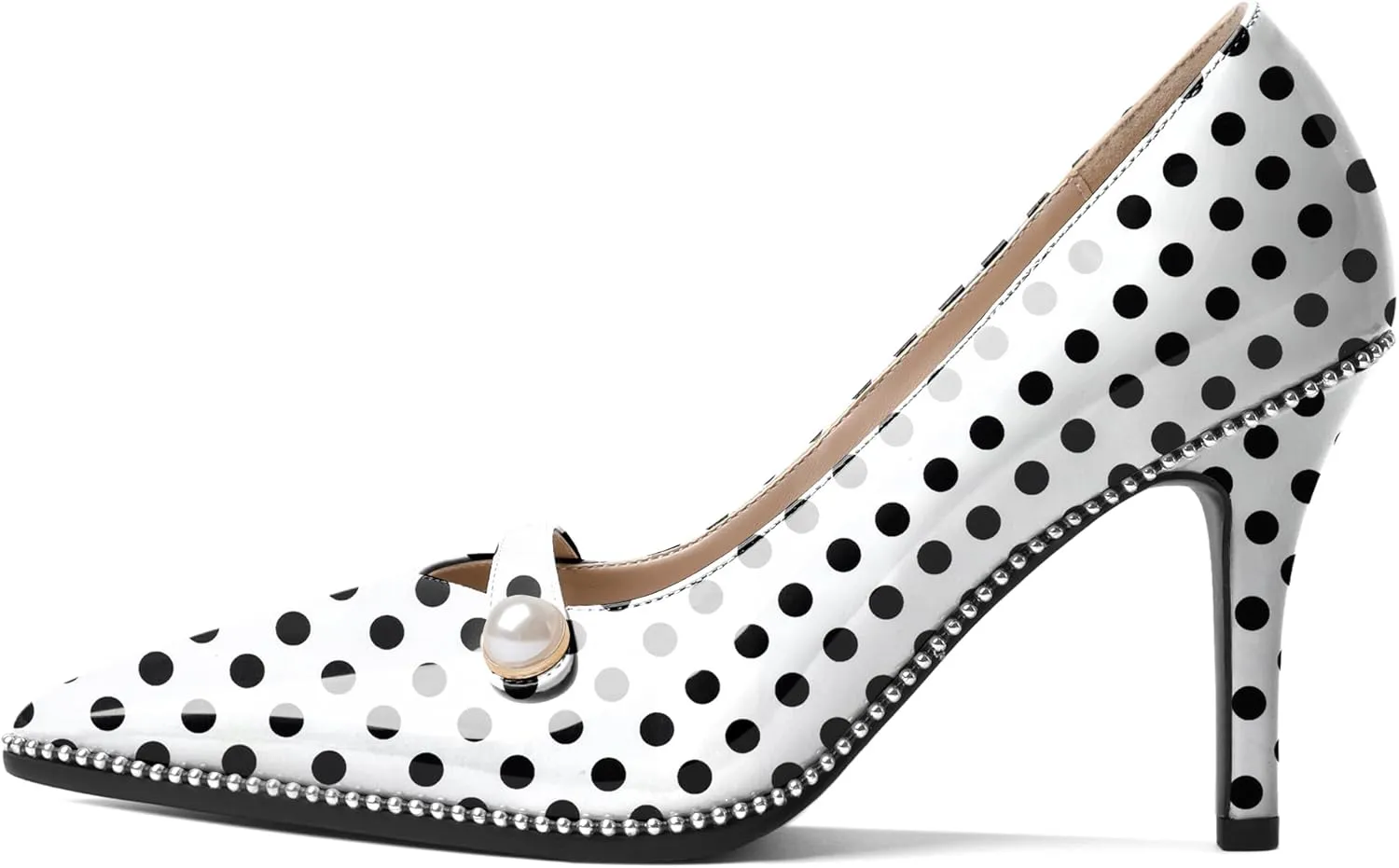 Eldof Women's High Heel Pumps Pointed Toe Slip On Pearl Strap Stiletto Heels Beaded Pumps Shoes Women Dress Sexy Heels 3.5 Inches