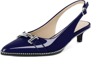 Eldof Womens Kitten Heel Pumps Pointed Toe Slingback Beaded Pumps Shoes Women Dress Low Heels with Silver Buckle 1.5 Inches
