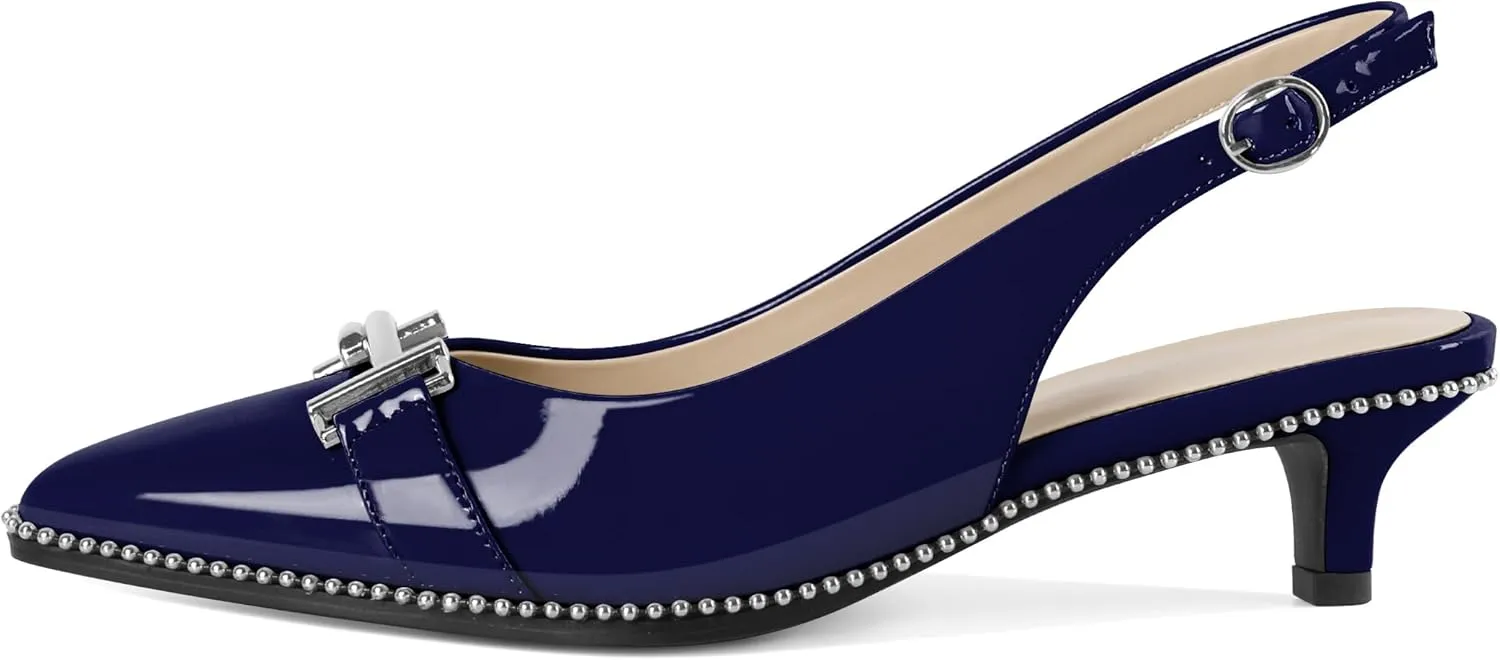 Eldof Womens Kitten Heel Pumps Pointed Toe Slingback Beaded Pumps Shoes Women Dress Low Heels with Silver Buckle 1.5 Inches