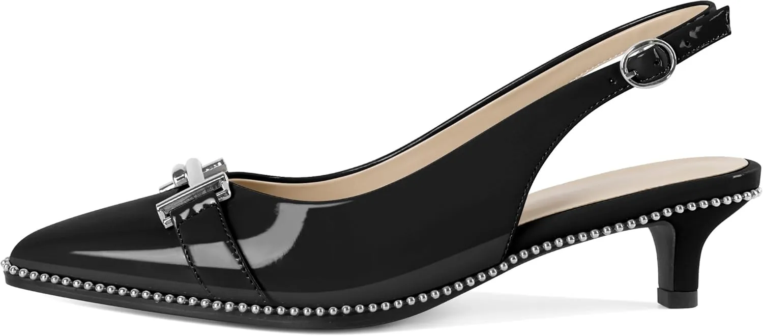 Eldof Womens Kitten Heel Pumps Pointed Toe Slingback Beaded Pumps Shoes Women Dress Low Heels with Silver Buckle 1.5 Inches