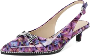 Eldof Womens Kitten Heel Pumps Pointed Toe Slingback Beaded Pumps Shoes Women Dress Low Heels with Silver Buckle 1.5 Inches