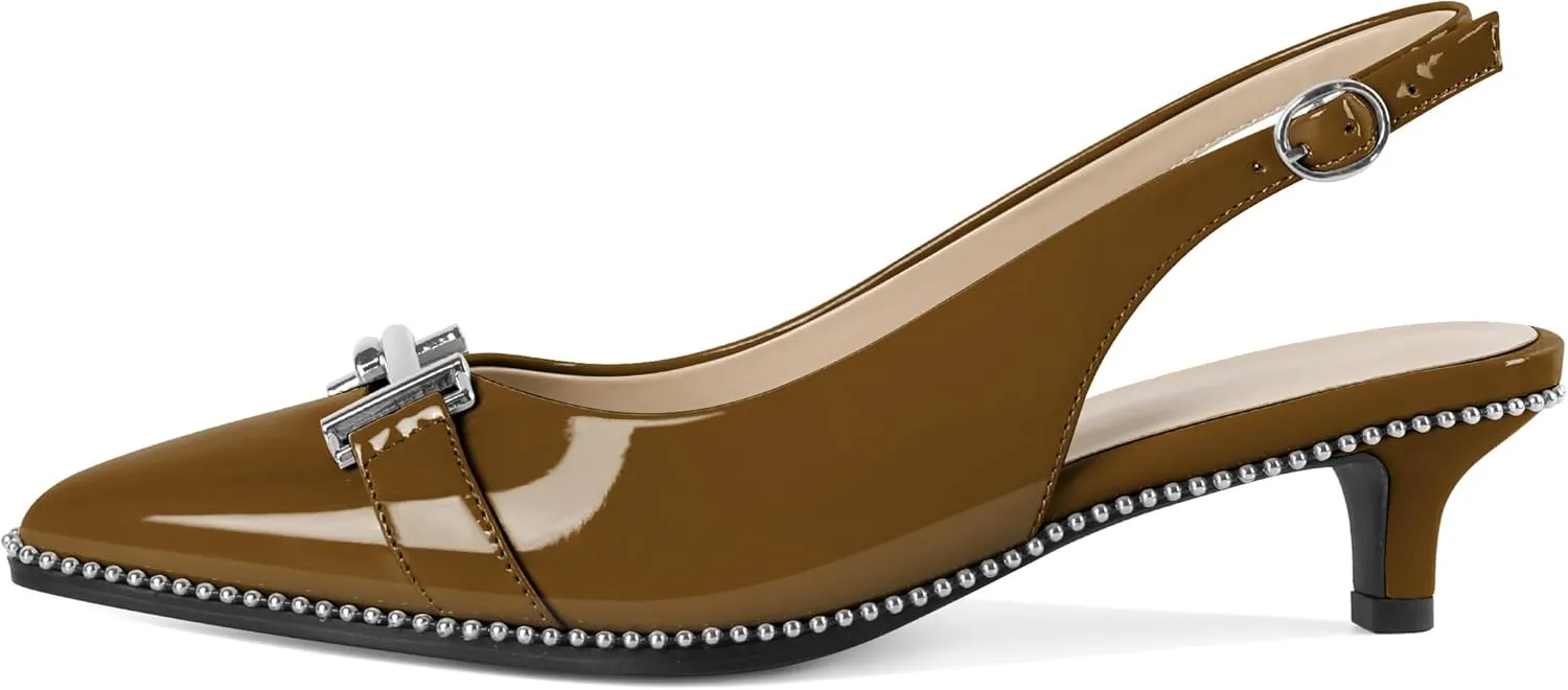 Eldof Womens Kitten Heel Pumps Pointed Toe Slingback Beaded Pumps Shoes Women Dress Low Heels with Silver Buckle 1.5 Inches
