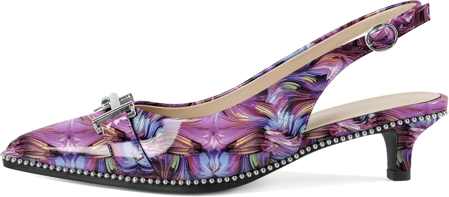 Eldof Womens Kitten Heel Pumps Pointed Toe Slingback Beaded Pumps Shoes Women Dress Low Heels with Silver Buckle 1.5 Inches