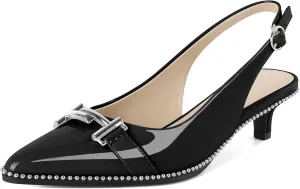 Eldof Womens Kitten Heel Pumps Pointed Toe Slingback Beaded Pumps Shoes Women Dress Low Heels with Silver Buckle 1.5 Inches