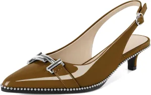 Eldof Womens Kitten Heel Pumps Pointed Toe Slingback Beaded Pumps Shoes Women Dress Low Heels with Silver Buckle 1.5 Inches
