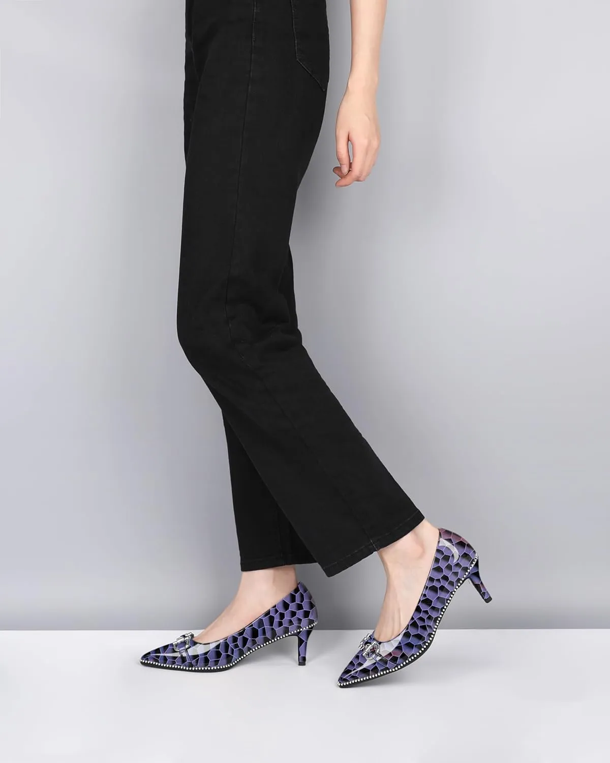 Eldof Women's Kitten Heel Pumps Pointed Toe Slip On Buckle Strap Low Heel Beaded Pumps Shoes2.5 Inches