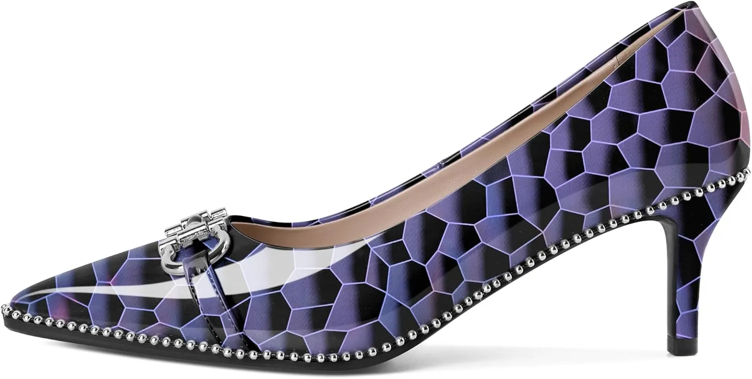 Eldof Women's Kitten Heel Pumps Pointed Toe Slip On Buckle Strap Low Heel Beaded Pumps Shoes2.5 Inches