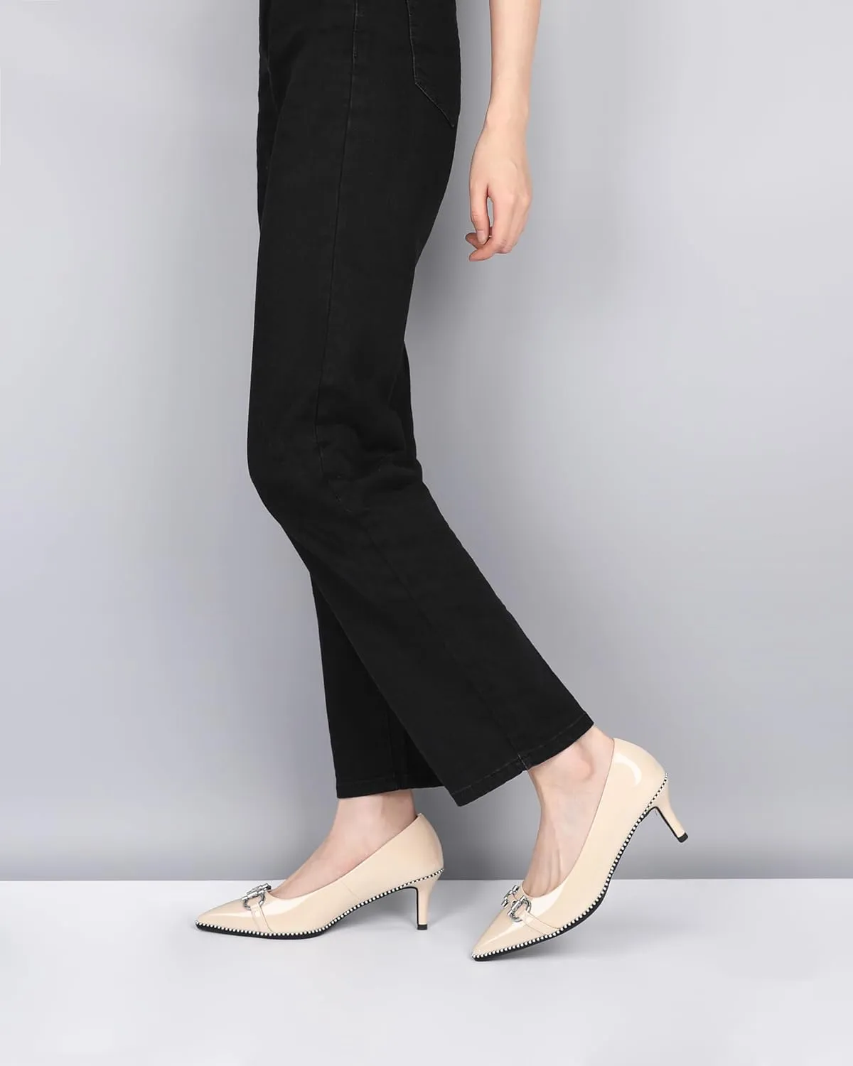 Eldof Women's Kitten Heel Pumps Pointed Toe Slip On Buckle Strap Low Heel Beaded Pumps Shoes2.5 Inches