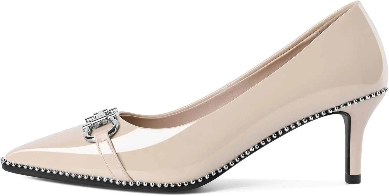 Eldof Women's Kitten Heel Pumps Pointed Toe Slip On Buckle Strap Low Heel Beaded Pumps Shoes2.5 Inches