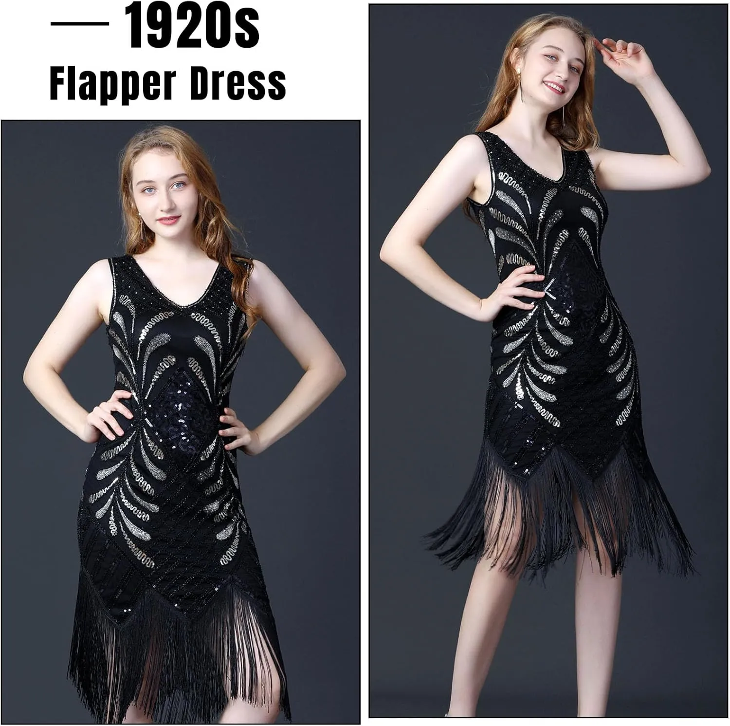 ELECLAND 1920s V Neck Sequin Beaded Fringed Dress with 20s Accessories Set