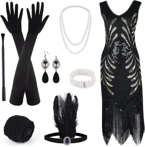 ELECLAND 1920s V Neck Sequin Beaded Fringed Dress with 20s Accessories Set