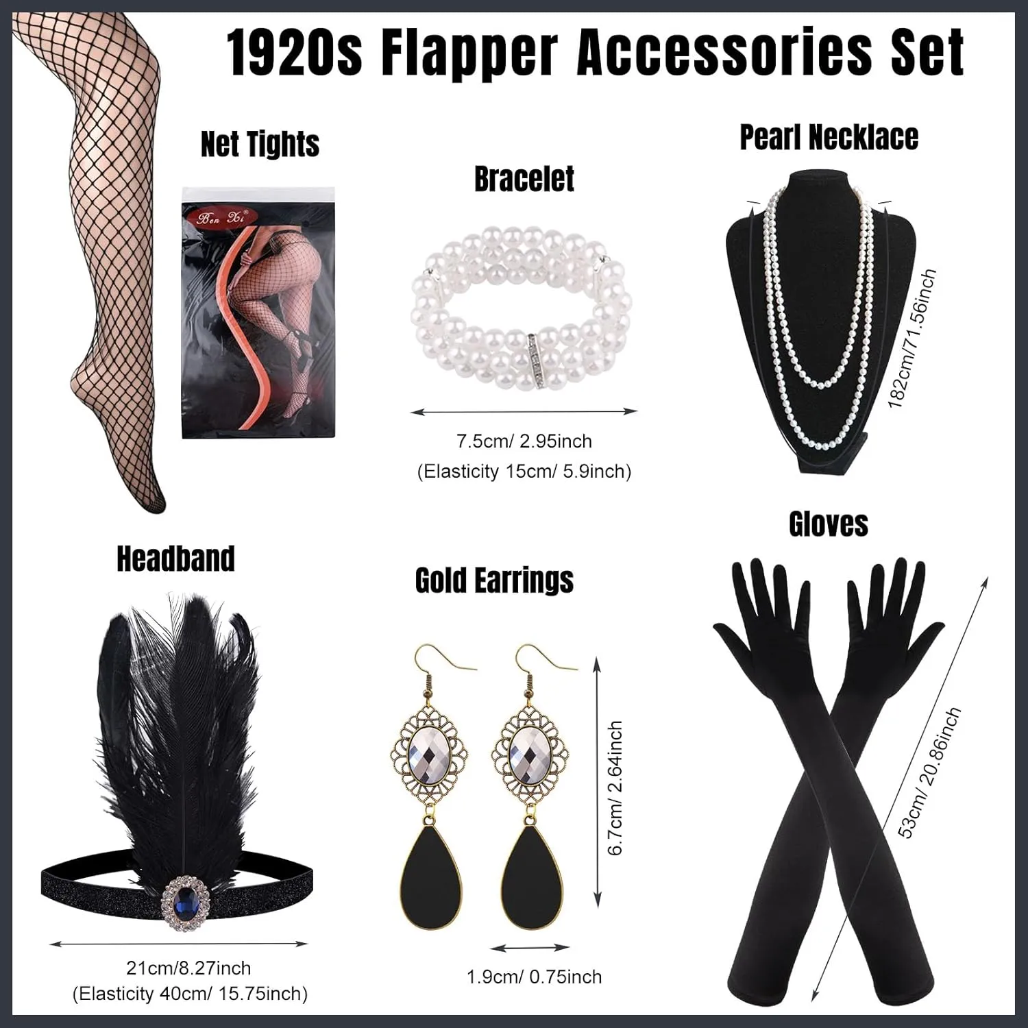 ELECLAND 1920s V Neck Sequin Beaded Fringed Dress with 20s Accessories Set