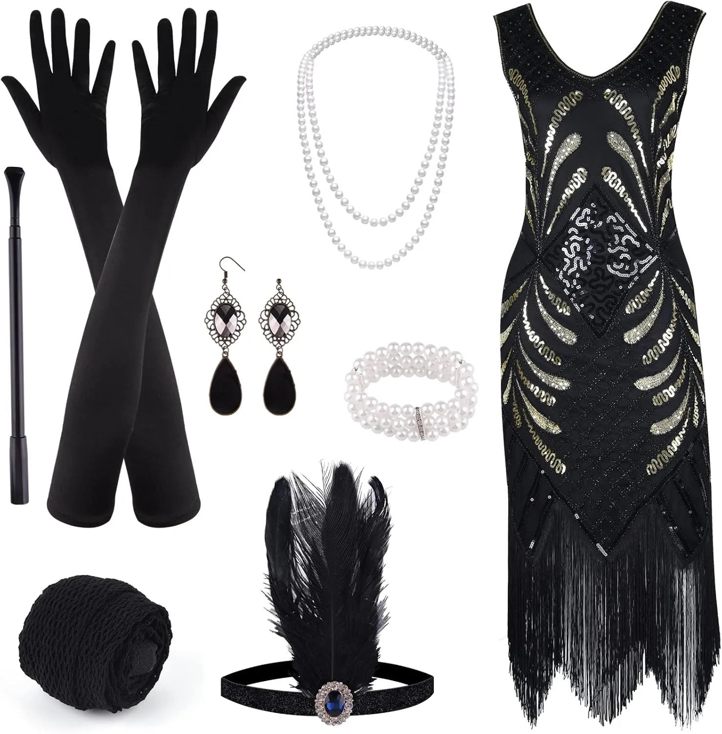 ELECLAND 1920s V Neck Sequin Beaded Fringed Dress with 20s Accessories Set