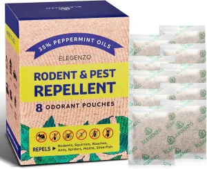 ELEGENZO Mouse Repellent Pouches with Peppermint Oil - Repels Mice, Rats, Squirrels, Roaches, Ants, Spiders, Moths - 8 Odorant Pouches