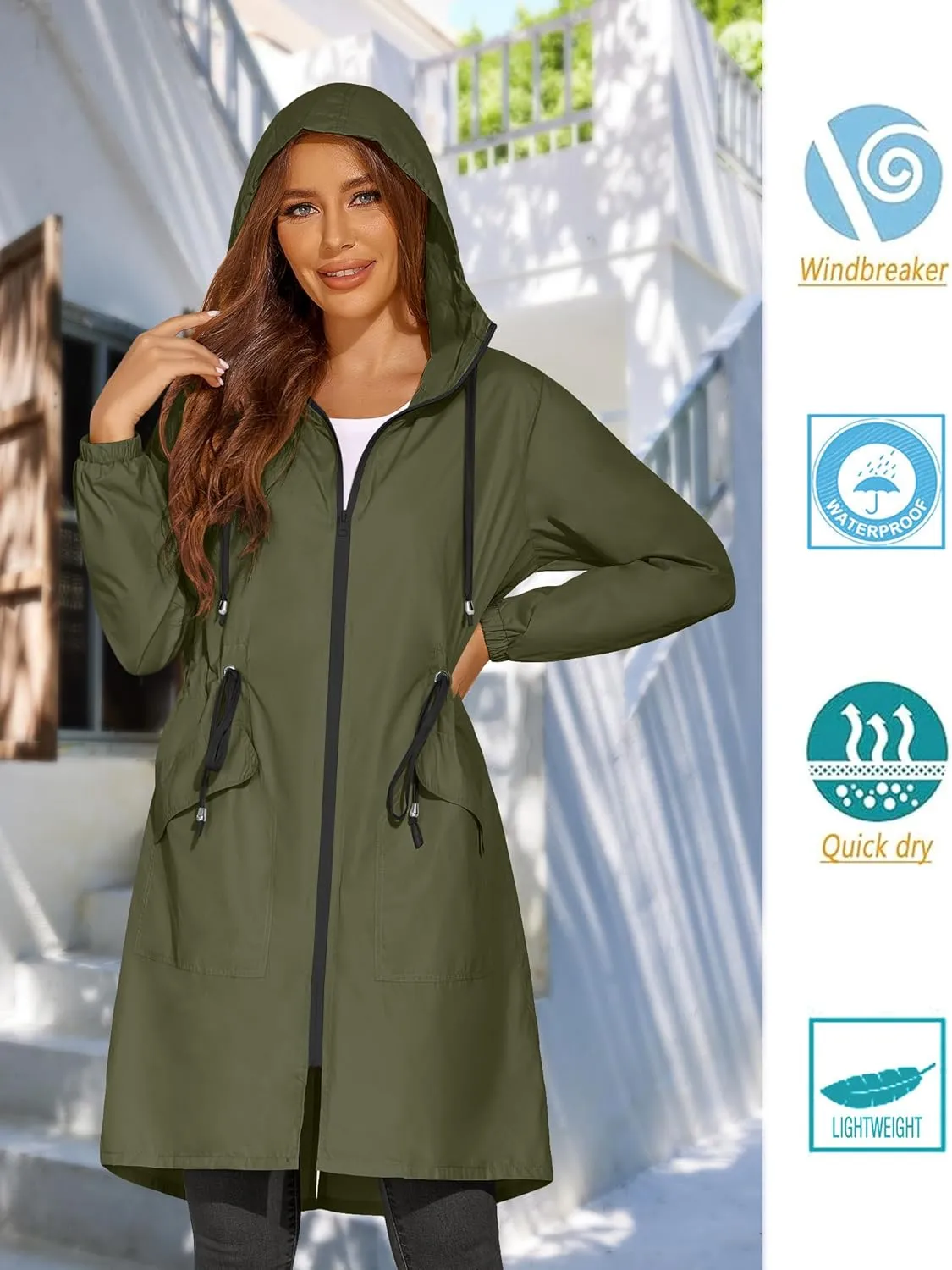 ELESOL Women Rain Jacket Waterproof Long Rain Coats Hooded Windbreaker Lightweight Raincoats Travel Hooded Trench Coats S-3XL