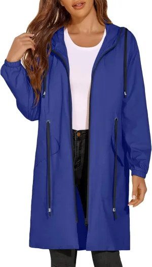 ELESOL Women Rain Jacket Waterproof Long Rain Coats Hooded Windbreaker Lightweight Raincoats Travel Hooded Trench Coats S-3XL