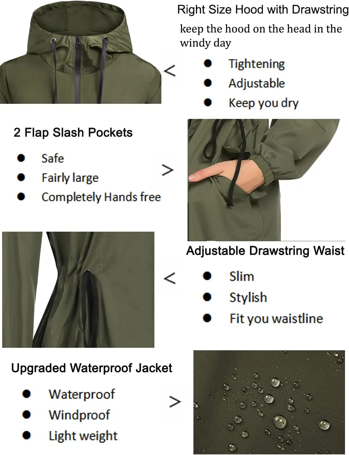 ELESOL Women Rain Jacket Waterproof Long Rain Coats Hooded Windbreaker Lightweight Raincoats Travel Hooded Trench Coats S-3XL