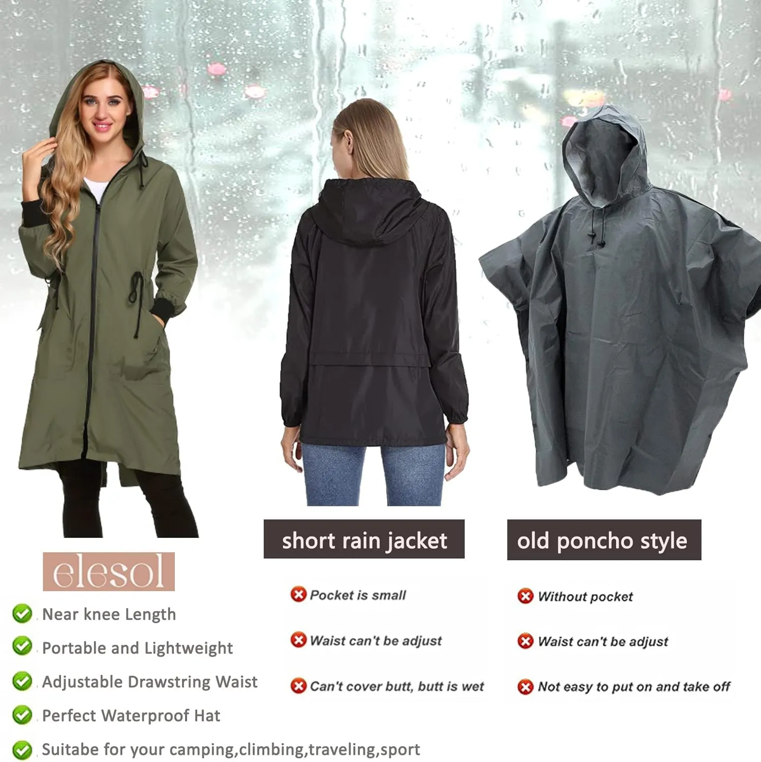 ELESOL Women Rain Jacket Waterproof Long Rain Coats Hooded Windbreaker Lightweight Raincoats Travel Hooded Trench Coats S-3XL