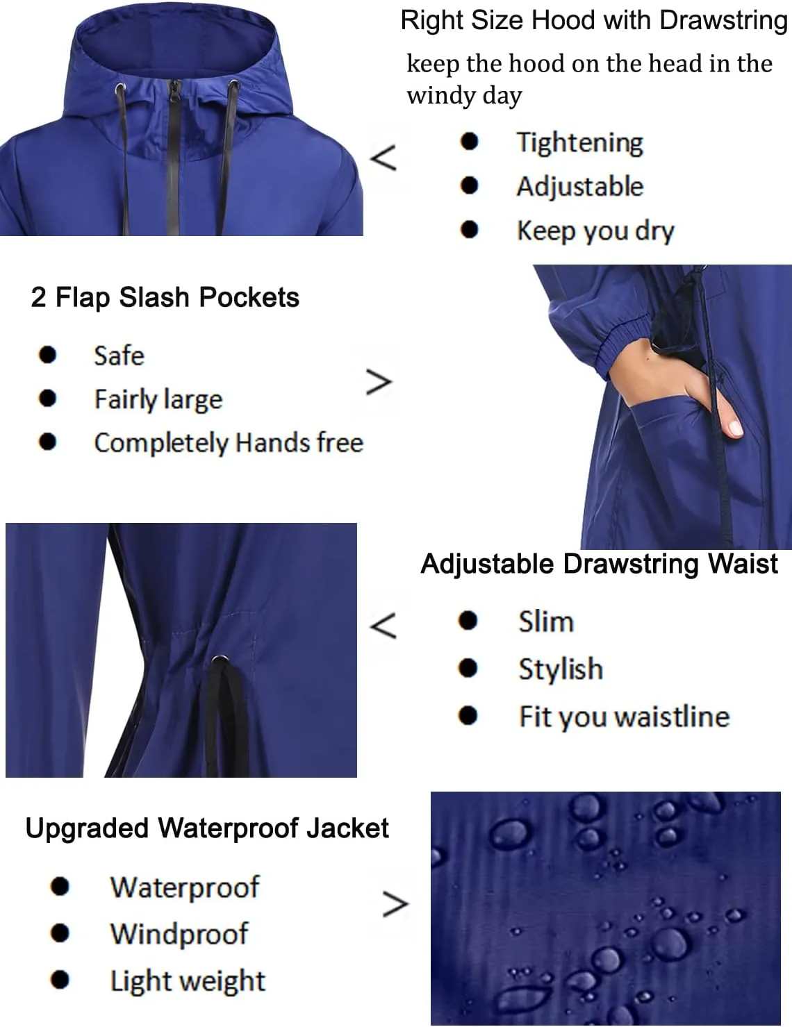 ELESOL Women Rain Jacket Waterproof Long Rain Coats Hooded Windbreaker Lightweight Raincoats Travel Hooded Trench Coats S-3XL