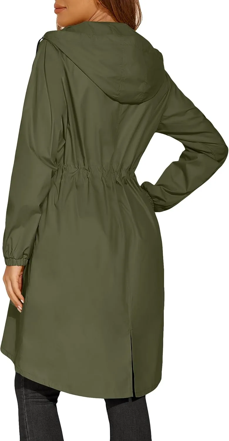 ELESOL Women Rain Jacket Waterproof Long Rain Coats Hooded Windbreaker Lightweight Raincoats Travel Hooded Trench Coats S-3XL