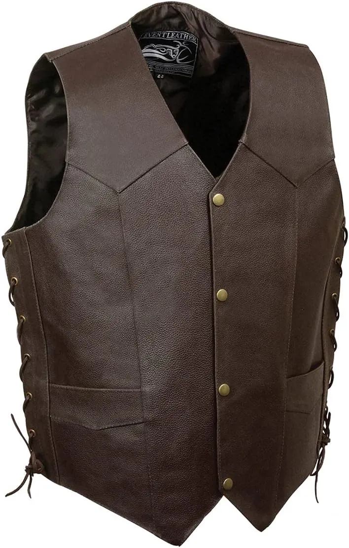 ELM3900 Men's Motorcycle Riders Black Leather Vest with Embossed Native American Head